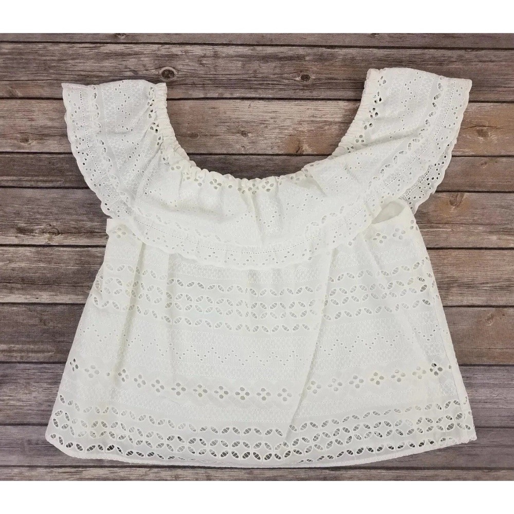 Rebecca Minkoff Off The Shoulder Lace Eyelet Swing Top White Ruffle XS/2 Cottage